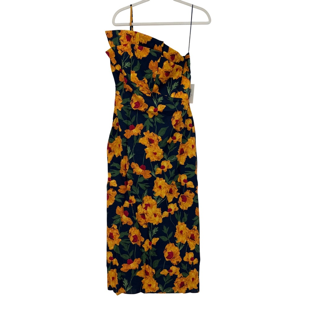Hyacinth House Margot Dress Medium Navy Marigold Floral Ruffle One Shoulder Maxi